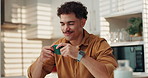 Happy man, coffee and smell with aroma in kitchen for morning caffeine, beverage or drink at home. Male person, relax and calming sensation with cup or mug for relief, fragrance or cappucino at house