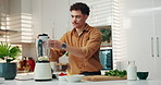 Kitchen, blender and man with fruit for breakfast with diet, wellness and health in home. Nutrition, ingredients and male person with mixer for detox beverage with weightloss snack in apartment.
