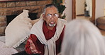 Senior couple, fight and sofa with argument for disagreement, conflict or confrontation at home. Elderly woman, man or talking with confession or accusation for affair or living room dispute at house