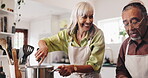 Cooking, help and pot with old couple in kitchen for food recipe, nutrition and healthy diet. Meal prep, dinner planning and retirement with senior man and woman at home for love, bonding or hunger