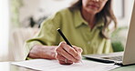 Documents, hand and writing with senior woman in home for insurance, investment or pension. Contract, laptop and will with old person in retirement apartment for budget, bank finance or savings