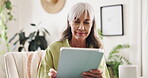 Development, smile and tablet with designer woman in office for information, scrolling or update. Business, planning and review with happy mature employee in creative workplace for online research