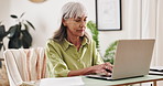 Office, employee and mature woman with laptop, editor and review of draft for article, serious and web. Media, writer and person with tech for journalism, online and planning for project in business