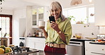 Happy, kitchen and woman with phone and coffee for social media, online chat and website. Home, relax and mature person with drink, caffeine and beverage on smartphone for connection in morning