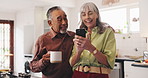 Coffee, kitchen and mature couple with phone for social media, online news and website in home. Marriage, relax and man and woman bonding with drink, caffeine and beverage on smartphone in morning