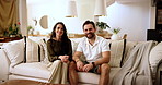 Sofa, couple and face with smile for relax, bonding together and healthy relationship in living room. Happy people, man and woman in portrait for connection, love and commitment in marriage at home