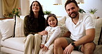 Sofa, face and parents with child for relax, bonding together and family relationship in living room. Home, mother and father with girl in portrait, connection and love embrace on weekend in lounge