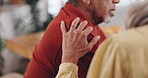 Old couple, hands and support with comfort in home for grief, loss and empathy in retirement. Closeup, elderly people and shoulder for sympathy, compassion and kindness with bonding, care and love