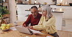 Finance, senior couple and laptop with paperwork in home for asset management, account comparison or planning. Interracial people, budgeting or financial review for retirement fund or pension savings