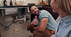 Happy, thumbs up and plumber with woman in kitchen for repair, maintenance and installation success. Inspection, plumbing and customer and handyman with emoji for fixing leak, sink problem and issue