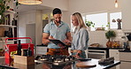 Tablet, repair and handyman with woman in kitchen for maintenance, installation service or renovation. Discussion, inspection and man on digital tech for client information, insurance and checklist