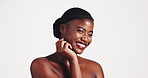 Happy, beauty and face of black woman in studio for wellness, cosmetics and facial treatment. Dermatology, skincare and portrait of person with makeup for aesthetic, salon or glow on white background