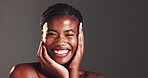Happy, black woman or face with beauty in studio for makeup or cosmetics on a dark background. Portrait, female person or model with smile in satisfaction for facial treatment or glow on mockup space