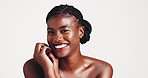 Happy, black woman and face with beauty glow for skincare, makeup or shine on a white studio background. Portrait, female person or model with smile for cosmetology or dermatology on mockup space