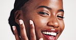 Black woman, cosmetics and oil for face, dermatology and clean shine for wellness in studio. Female person, portrait and dropper with serum for facial skincare and hyaluronic acid on white background