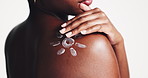 Black woman, shoulder and skincare with moisturizer for SPF protection on a white studio background. Closeup, female person or model with sunscreen lotion or cream for UV safety, skin glow or shine