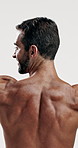 Strong, muscle and back of man in studio for sports athlete, workout and flexing progress. Body care, fitness and bodybuilder with person on white background for training, exercise and wellness