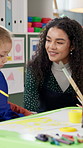 Teacher, painting and kids in class for art lesson, talking and smile with color, craft and creativity. Drawing, watercolor and woman with students for artwork, paintbrush and preschool activity