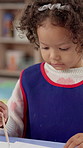 Learning, child and painting for art at school with paintbrush, creativity and picture with color. Education, girl or kid with activity for development with paint and paper for kindergarten artwork