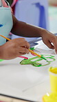 Hands, child student and painting for art at school for learning, creativity and color picture. Education, tree or kid with activity for development with paint and paper for daycare artwork