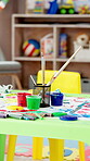 Brushes, color and art for kindergarten, empty and tools for skill development in school and messy. Education, classroom and equipment for creative in daycare, morning and oil paint for assignment
