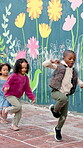Children, jump and hopscotch outdoor at recess, playground and energy playing at kindergarten academy. Playful, fun and hopping or students for growth, development or games in school courtyard