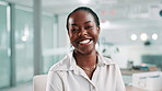 Face, business and black woman in workplace, smile and confident personality with investment. African person, portrait and financial advisor in office, career ambition and economy analyst with pride