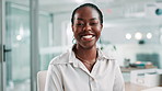Face, business and black woman in office, smile and confident personality with accounting. African person, portrait and financial advisor in workplace, career ambition and investment firm with pride
