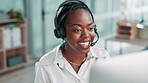 Computer, smile and support with black woman in call center for assistance or feedback. Contact us, helpdesk and customer service with happy agency employee in workplace as virtual assistant