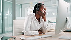Call center, thinking and black woman in office bored for customer service, online help and CRM support. Professional, consultant and tired worker on computer for feedback, contact us and advice