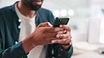 Office, hands and businessman with smartphone for chat, article question and writer for online contact. Closeup, male person and journalist with cellphone for digital source, news update and message