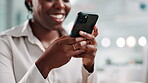 Office, smile and black woman with smartphone for chat, article question or writer for online contact. Happy, female person and journalist with cellphone for business source, news app or social media