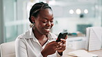 Office, black woman and joke with smartphone for chat, funny article and writer for online contact. Laugh, female person and journalist with cellphone for business source, news app and social media