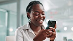 Office, black woman and laugh with smartphone for chat, article joke and writer for online contact. Happy, female person and journalist with cellphone for business source, news app and social media
