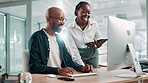 Call center, talking and manager with advice, computer or help to identify opportunity for sales. Training, black people and pointing at tech for telemarketing, teamwork or smile for customer service