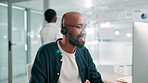 Call center, talking and black man help on computer for customer service, faq and multilingual support agent. Consultant, speaking and assistance for advice, solution or language translation for crm