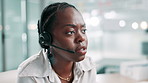 Call center, black woman and talking on headset for questions, consulting and support with listening. Office, female person and business agent with advice for customer service, crm help and speaking