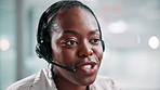 Call center, talking and black woman at help desk for customer service, faq or multilingual support agent. Consultant speaking, face or assistance with headset for crm, query and language translation
