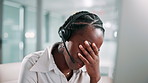 Call centre, fatigue or black woman in office, headache or tired with stress, mental health or exhausted. African person, burnout or employee in workplace, mistake or migraine with customer service