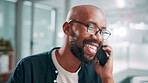 Black man, business and smile for phone call in office, communication for schedule or appointment confirmation. Talk, mobile discussion and deal agenda with person, networking and contact at startup