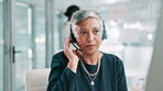 Call center, talking and mature woman on computer for debt collection, loan inquiry or follow up question. Consultant, speaking and communication with headset for finance, banking or payment reminder