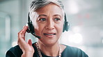Call center, chat and mature woman with headset for customer service, help and multilingual support agent. Happy consultant, face and talk for assistance with faq, solution or language translation