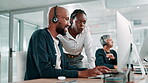 Training, manager and smile for customer service, call center and help for telemarketing, talking and happy. Collaboration, employee and black people with tech for sales, planning and explaining info