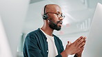 Call center, computer and black man in office talking for customer service, crm support and consulting. Professional, communication and person with headset for contact us, online help and advice