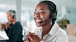 Call center, business and woman in office on computer for customer service, crm support and consulting. Professional, communication and person with headset for contact us, online help and advice
