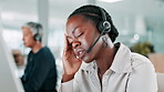 Call centre, fatigue and woman in office, headache or help desk with stress, anxiety or overwhelmed. People, burnout or employee with pain, exhausted or migraine with customer service and frustrated