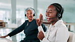 Call center, high five and business women in office for success, good news and celebration. Customer service, consultant team and happy workers with gesture for promotion, support and sales goal