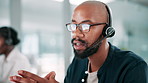 Call center, computer and man in office talking for customer service, crm support and consulting. Professional, communication and business person with headset for contact us, online help and advice