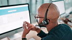 Advice, man and computer screen with microphone in call center for account management, inquiry and assistance. Back, agent and consulting client for technical support, product information and above