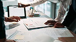 Business paperwork, hands and people with tablet in office for data analysis, performance report and company stats. Financial analyst, teamwork and planning for finance forecasting and budget review